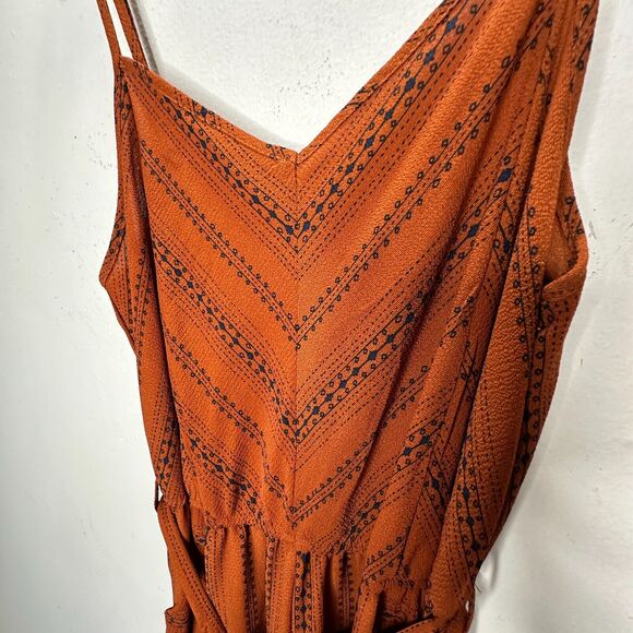 E & M Rust & Black Aztec Print V-Neck Spaghetti Strap Pockets Tie Waist Jumpsuit - Picture 6 of 16